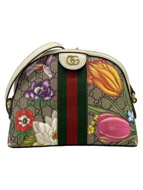 Gucci Shoulder Bag Ophidia GG Flora Small Bag White Beige Multi Cotton Leather